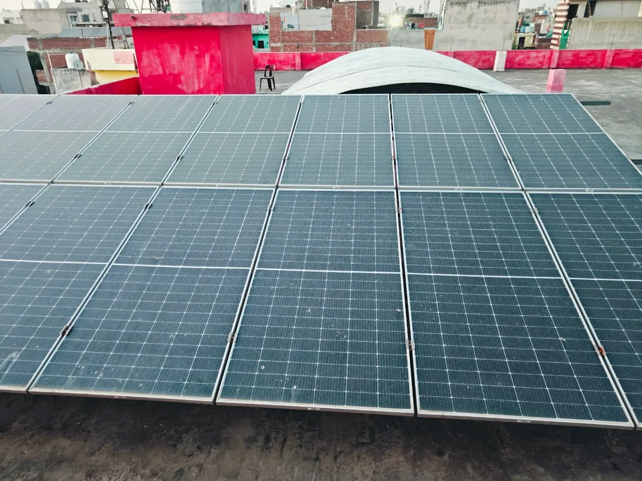 Rooftop solar panel array supplying electricity to the Shanti Niketan Inter College campus